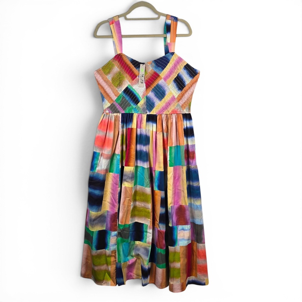 NIC+ZOE Pink Multi Patchwork Smocked Midi Dress XS Boho Artsy Resortwear NWT